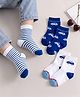 Cute Walk by Babyhug Knit Ankle Length Antibacterial Socks with Stripe & Car Design Pack of 3 - White & Blue