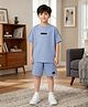 Anthrilo Cotton Blend Knit Half Sleeves Side Taped Typography Patch Detailed Oversized Tee & Shorts Set - Blue