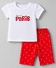 Babyhug Cotton Knit Half Sleeves  T-Shirt & Capri Night Suit With Text & Heart Print - White & Red