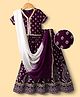 Pine Kids Woven Lehenga Choli and Dupatta with Half Sleeves and Floral Print - Violet