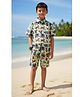 LITTLE INDIAN Cotton Woven Half Sleeves Jungle Theme Printed Coordinating Shirt & Shorts Set - Sea Green