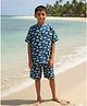 LITTLE INDIAN Cotton Woven Half Sleeves Animals Printed Coordinating Shirt & Shorts Set - Blue
