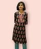 LITTLE INDIAN Cotton Woven Three Fourth Sleeves Lace Embellished Floral Printed Kurti - Black