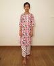 LITTLE INDIAN Cotton Woven Three Fourth Sleeves Lotus Printed Lace Embellished Kurti & Pants Set - Pink