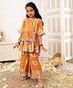 LIL PITAARA Pure Cotton Woven Three Fourth Sleeves Floral Printed & Gota Lace Embellished Kurti & Sharara Set - Yellow