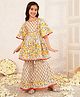 LIL PITAARA Pure Cotton Knit Three Fourth Sleeves Floral Printed & Gota Lace Embellished Coordinating Kurti & Sharara Set - Yellow