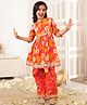 LIL PITAARA Pure Cotton Woven Three Fourth Sleeves Floral Printed & Gota Lace Embellished Kurti & Pants Set - Red