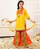 LIL PITAARA Pure Cotton Woven Three Fourth Sleeves Bandhani & Abstract Printed Kurti & Sharara With Duppata Set - Yellow