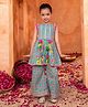 LIL PITAARA Pure Cotton Knit Sleeveless Floral Printed & Gota Lace Embellished Coordinating Kurti & Palazzo Set - Blue