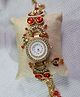 Kamule Kundan & Stones Embellished Floral Designed Bracelet Watch - Red & Gold