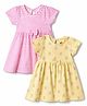 Babyhug Single Jersey Knit Half Sleeves Striped & Floral Printed Frocks With Bow Applique Pack Of 2 - Pink & Yellow