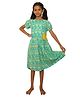LITTLE INDIAN Cotton Woven Half Puffed Sleeves Fish Printed Dress - Sea Green