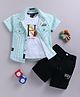 LTZ CLUB Textile Knit Half Sleeves Checked Shirt & Shorts Set With Tee - Sea Green