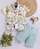 LTZ CLUB Textile Knit Half Sleeves Floral Printed Shirt & Shorts Set With Tee - Sea Green