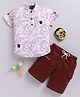 LTZ CLUB Textile Knit Half Sleeves Abstract Printed Shirt & Shorts - Maroon & White