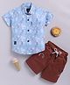 LTZ CLUB Textile Knit Half Sleeves Leaves Printed Shirt & Shorts - Sky Blue