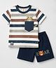 Mini Donuts Single Jersey Knit  Half Sleeves T-Shirt & Shorts Set With Strips & Animal Print - Navy Blue