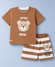 Mini Donuts Single Jersey Knit Half Sleeves T-Shirt & Shorts Set With Stripes & Bear Face Patch - Brown