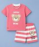 Mini Donuts Single Jersey Knit Half Sleeves T-Shirt & Shorts Set With Stripes & Bear Face Patch - Pink