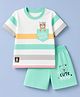 Mini Donuts Single Jersey Knit Half Sleeves T-Shirt & Shorts Set With Stripes & Bear Face Patch - Mint