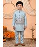 BT DEZINES Cotton Satin Woven Full Sleeves Solid Kurta & Pyjama With Floral & Giraffe Embroidered Jacket Set - Light Blue