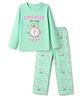 Smarty Girls Knit Full Sleeves T-Shirt & Pyjama Night Suit Set With Clock & Text Print - Sea Green