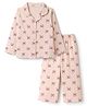 Smarty Girls Knit Full Sleeves Co-Ords Shirt & Pyjama Night Suit with Bow Print - Light Peach