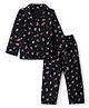 Smarty Girls Knit Full Sleeves Co-Ords Shirt & Pyjama Night Suit with Strawberry & Cherry print - Navy Blue