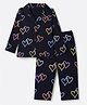 Smarty Girls Knit Full Sleeves Co-Ords Shirt & Pyjama Night Suit with Heart Print - Navy Blue