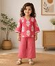 The Magic Wand Cotton Woven Three Fourth Sleeves Floral Motifs Printed Top & Pants Set - Coral