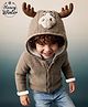 Babyhug Knit Full Sleeves Front Open Hooded Solid Colour Sweater with Reindeer Face Applique - Tan