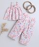 Knitting Doodles Cotton Woven Sleeveless Floral Printed Coordinating Top & Pants Set - Pink