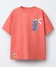 ALAN JONES Cotton Blend Knit Half Sleeves Global Ocean Text Printed Tee - Coral