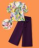 OLLINGTON ST.Viscose Woven Half Sleeves Floral Printed Top & Culottes Set with Belt - Wine