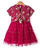 Babyhug Net Woven Half Sleeves Tired Ethnic Dress with Sequinned & Floral Embroidered Jacket - Dark Red