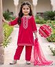 Babyhug Velvet Woven Full Sleeves Floral Embroidered Sequin Detailing Kurti Palazzo and Dupatta Set - Fuschia