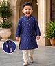 Babyhug Brocade Woven Full Sleeves Kurta Pajama Set with Floral Embroidery - Navy Blue