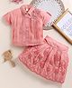 NUTTY BUTTY Textile Knit Half Sleeves Stones Embellished Floral Applique Detailed & Embroidered Pleated Top & Skirt Set - Peach
