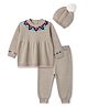 Yellow Apple Knit Sweater Set and Cap with Full Sleeves and Flowers Embroidery in Beige