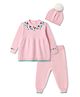 Yellow Apple Knit Sweater Set and Cap with Full Sleeves and Flowers Embroidery in Pink
