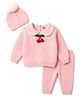 Yellow Apple Knit Full Sleeves Sweater Set & Cap with Peter Pan Collar & Berry Applique - Pink