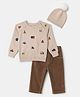 Yellow Apple Knit Sweater Set and Cap with Full Sleeves and Vehicle Embroidery in Beige