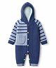 Yellow Apple Knit Full Raglan Sleeves Hooded Winter Wear Romper With Stripes & Cable Knit Design - Blue