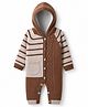 Yellow Apple Knit Full Raglan Sleeves Hooded Winter Wear Romper With Stripes & Cable Knit Design - Brown