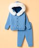 Yellow Apple Knit Full Sleeves Hooded Neck Cable Knit Design Sweater Sets - Blue