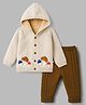 Yellow Apple Knit Full Sleeves Hooded Sweater Set with Frog Umbrella Design - Cream