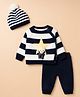 Yellow Apple Knit Full Sleeves Striped Sweater Set and Beanie Cap with and Bear Applique in Navy Blue