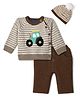 Yellow Apple Knit Striped Sweater Set and Cap with Full Sleeves and Vehicle Embroidery in Beige