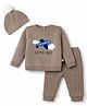 Yellow Apple Knit Full Sleeves Lets Go Embroidered & Aeroplane Patch Sweater Set With Cap - Tan