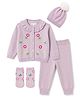 Yellow Apple Knit Full Sleeves Floral Embroidered Sweater Set With Cap & Mittens- Lilac